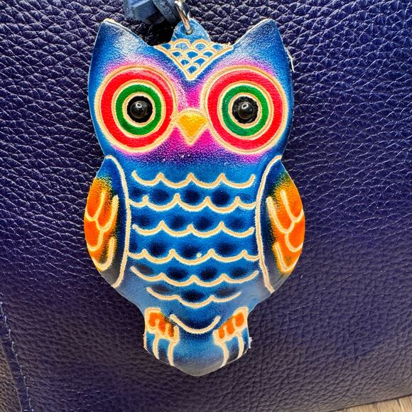 Genuine Leather Hand Painted Purse Charm Barn Owl Bag Charm Owls Leather Farm - Picture 2 of 7